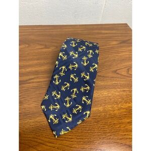 Polo Ralph Lauren Anchor Print Silk Necktie Nautical Navy Blue Made‎ by Hand USA